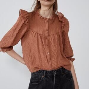 Zara textured crinkled weave ruffled shirt Small